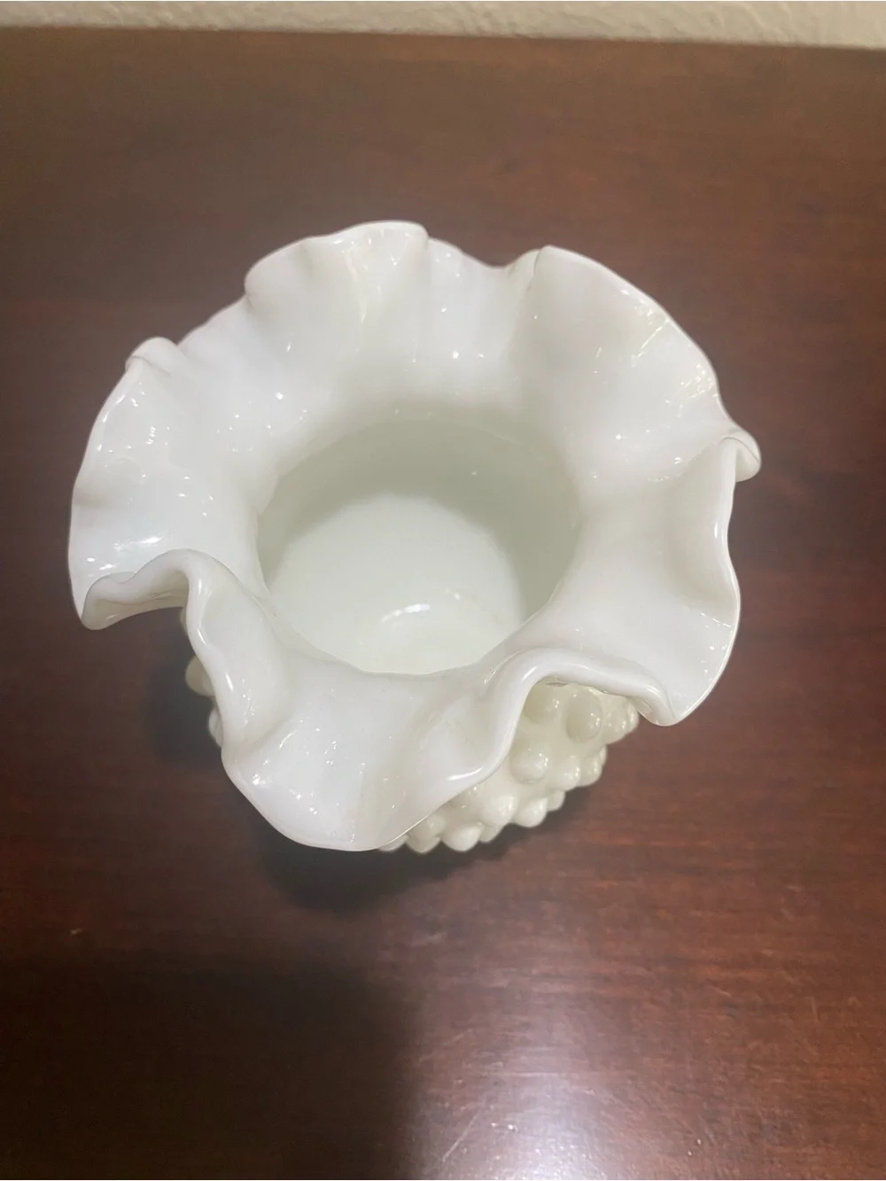 Vintage, White Fenton Art Glass Vase in a White Milk Glass Hobnail Design